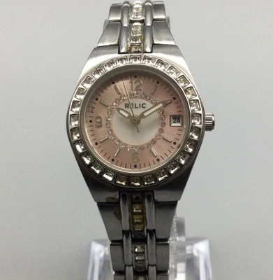 $22.49 • Buy Relic Watch Women Silver Tone Round Pink Dial Pave Date New Battery 6.75 