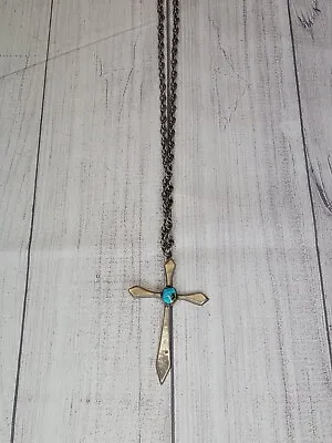 Vintage 925 Sterling Silver Cross With Turqouise Necklace 15.5  Long • $75