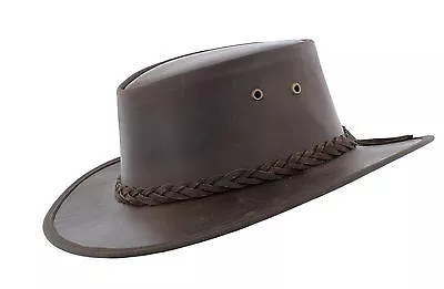 £24.99 • Buy Genuine Leather Australian Outback Style Fedora Hat In Brown With Chin Strap 