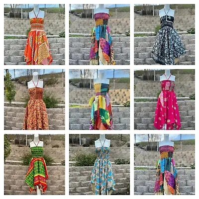 Lot Of 5 Pc Hippie Sundress Vintage Indian Silk Recycled Women Sari Dress Maxi • $78.29