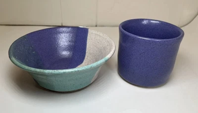 $20 • Buy Hand Thrown Studio Art Pottery Stoneware Bowl And Cup Colorful Geometric