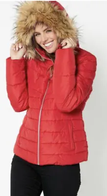 Red Padded Ladies Coat UK8 Studio Outerwear Quilted Puffer Faux Fur Trim Jacket • £5