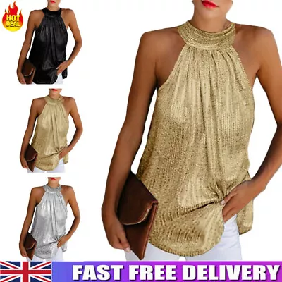 Women Glitter Strappy Halter Neck Cami Vest Evening Party Tops Sleeveless Blouse • £11.30