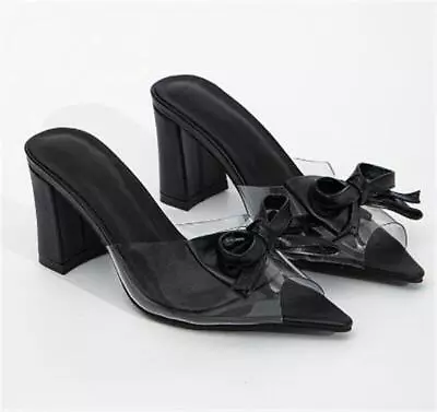 Womens Roman Sandals Clear Slippers Sexy High Block Heels Bowknot Peep Toe Shoes • $53.75