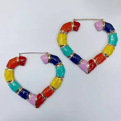 Gold & Multi Color Bamboo Design Heart Love Shape Hoop Light Weight Earrings • $10.99