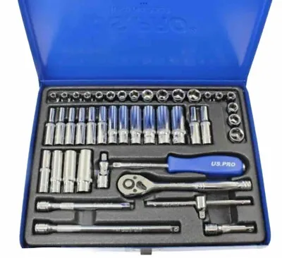 US PRO 1/4  Drive Metric & AF Socket Set Ratchet Bars UJ T Bar 43 Piece 3539 • £26.35