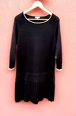 SHOSHANNA Black Knit Sweater Dress Size L Pleated Skirt White Trim NWT • $50