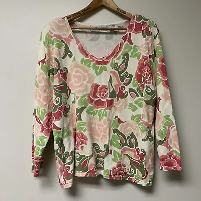 Victoria Jones Womens Large L Round Neck Floral Shirt Long Sleeve Top • $9.99