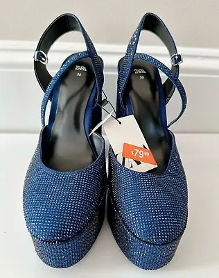 NWT Zara Women's US 8/EU 39 - Blue Glam Rhinestone Heels/Shoes • $25