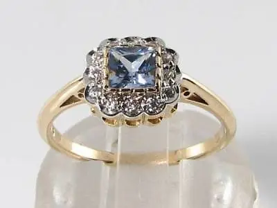 DAINTY 9k 9CT GOLD CEYLON SAPPHIRE DIAMOND ART DECO INS HALO RING FREE RESIZE • £349