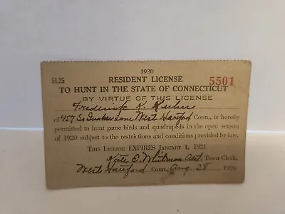 1920 CT Connecticut Hunting License West Hartford Original RARE Vintage Antique • $150