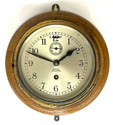 Antique Brass Ships Wall Clock With Wooden Mount By Barkers Kensington • £375