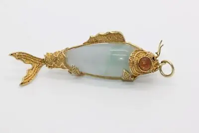 Vintage 14k 3d Gold Jade Koi Fish Moveable Wiggly Japanese Charm Lure Move • $498