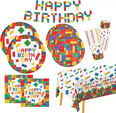 Building Block Party Supplies Paper Plates Napkins Cups Tablecloth Banner For Co • $59.99