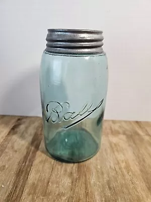 Vintage Triple L Blue Green Glass Quart Ball Mason Jar W/ Zinc Lid C 1900-1910 • $22