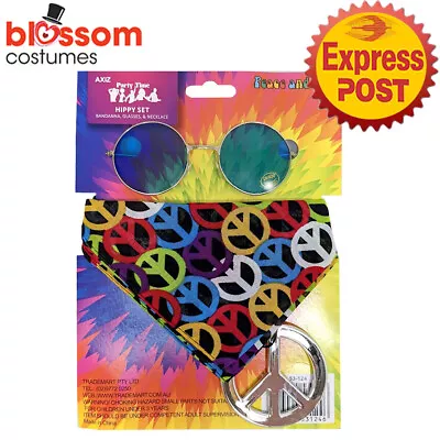 TM190 Hippie Man 60s 70s Costume Accessories Blue Glasses Bandana Peace Necklace • $15.50