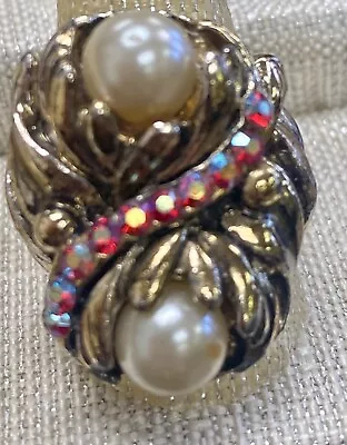 Vintage Faux  Pearl & Aurora Borealis Rhinestone  Adjustable Cocktail Ring • $22