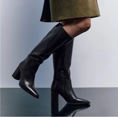 $175 • Buy Zara Block Heel Leather Boots Size 8