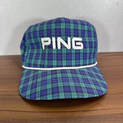 Vintage Ping Hat Cap Adult Blue Green Tartan Plaid Adjustable Rope Trucker Golf • $188.88