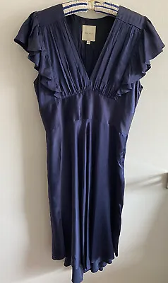 Mason Silk Dress Navy Short Ruffle Sleeves 10 Midi V Neck Pleats Side Zipper • $22