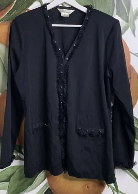 Exclusively Misook Medium Black Fringe Trim Cardigan Sweater • $27.99