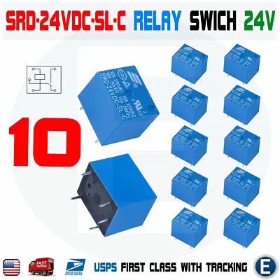 10pcs Relay Switch SRD-24VDC-SL-C 5 Pins 24 V DC PCB Mini Type SPDT 10A Blue 24V • $8.36
