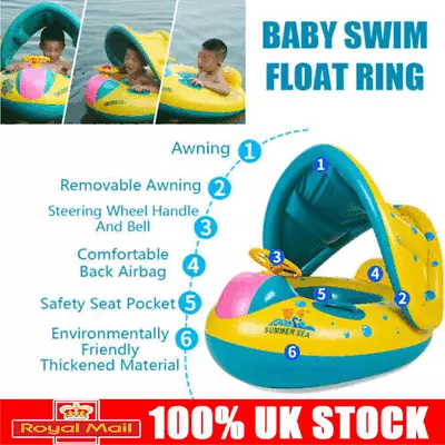 Kids Baby Toddler Swimming Pool Swim Seat Float Boat Ring With Sun Canopy Toy UK • £12.89