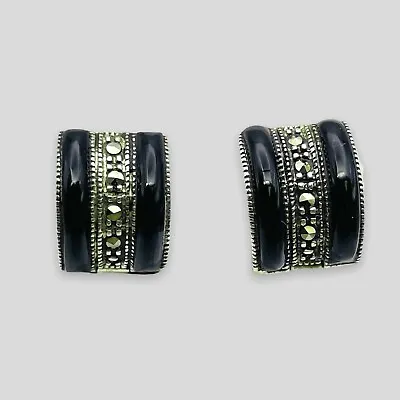 Vintage 925 Sterling Silver Marcasite Black Onyx Huggie Hoop Earrings -5314 • $79.99