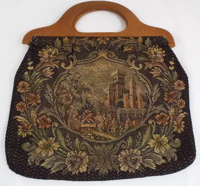 Knitting Sewing Bag Tapestry Wooden Handle Bag Vintage Floral • $35.99