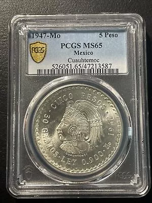 1947-Mo Mexico Cuauhtemoc KM465 5 Peso PCGS MS65 .900 Silver • $130