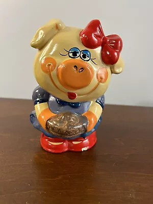 Vintage Cute Enesco Ceramic Girl Pig Piggy Bank With Pie Ribbon 6.5  • $12.99