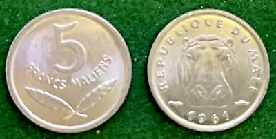 Hippo Hippopotamus Head 5 Francs Coin Of Mali 1961 Aluminum Uncirculated KM # 2 • $4.99