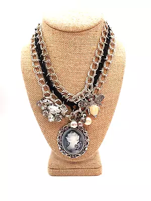 Unusual Victorian Faux Cameo Statement Necklace With Rhinestones Pearls And Bee • $15