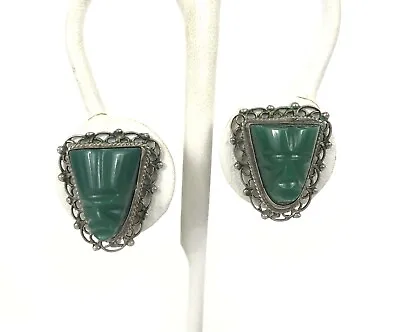 Mexican Aztec Mayan Green Onyx Mask Sterling Silver Screwback Earrings Pre-Owned • $31.50