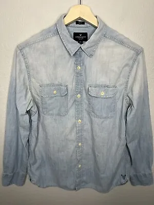 American Eagle Outfitters Mens Prep Fit Button Up Shirt Size L Blue Chambray • $14.73