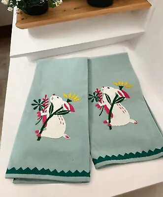 Mint Green Kitchen Bathroom Hand Towels Easter Spring Bunny Flowers Appliqué Set • $14.99