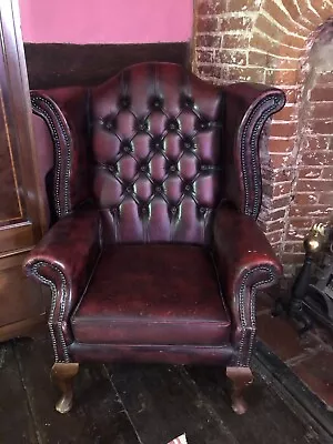 Queen Anne Style Chesterfield Armchair In Oxblood Red Leather. • £350