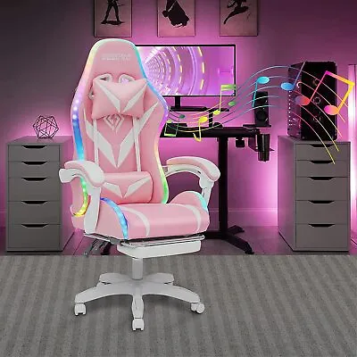 Pink Gaming Chair With Footrest + Massage + Speakers + RGB LED Ergonomic Office • $199.99