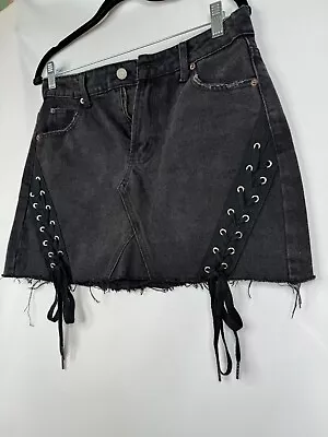 NST Zaful A-Line Skirt Women's Small Black Denim Lace-Up Frayed Hem Zip Fly Mini • $14.95