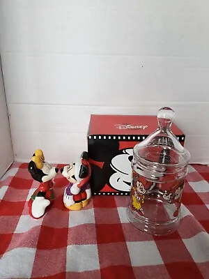 Mickey And Minnie Ceramic Salt And Pepper Shakers And Small Glass Canister • $8