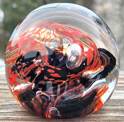 Rare! Mdina Glass Paperweight Orange Black Clear Swirls Bubbles Signed/Numbered • $75