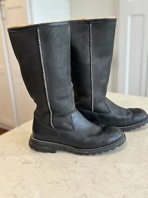 UGG Brooks Tall Black On Black Leather Shearling Lined Boots Women's Size US 8 • $45
