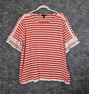 J Crew Top Womens XL Red Stripe Crochet Trim Short Flare Sleeve Nautical • $22