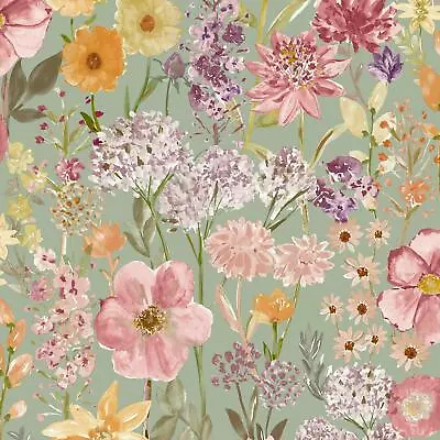 Grandeco Wildflowers Wallpaper Blooming Meadow Flowers Watercolour Sage A61601 • £13.95