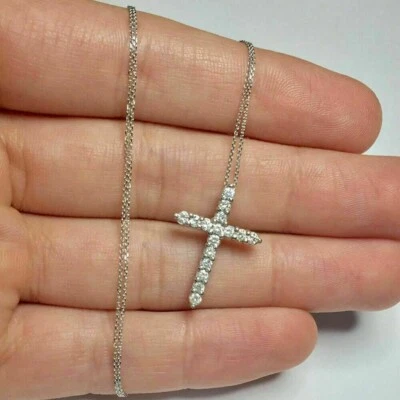 $87.83 • Buy 1Ct Round Lab Created Diamond Cross Pendant 18  Free Chain 14K White Gold Plated