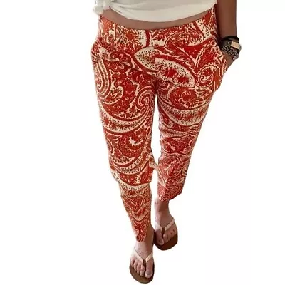 J.Crew City Fit Cotton Skimmer Paisley Print Pant Pockets Zipup M Orange #1657 • $22.50