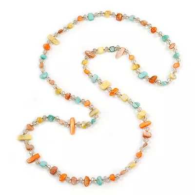 Long Orange/ Yellow/ Mint Shell/ Transparent Glass Crystal Bead Necklace - • £16.99