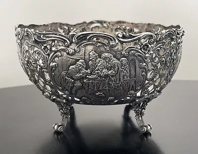 German Hanau 800 Sterling Silver Fruit  Large Pierced Footed Bowl Tavern Scene • $790