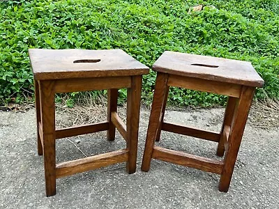 Pair Of Vintage Oak Wooden School Lab Stools 46 Cm Tall Gorgeous Patina • £120