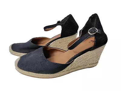 Womens H&m Uk 8 Eu 41 Black Hessian Ankle Strap Espadrille Wedge Sandals Shoes • £11.99